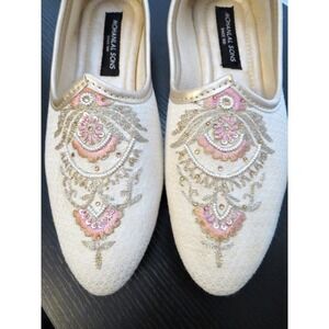 Mohanlal Sons Embroidered Jutti Flats Ivory Pink Gold Indian Wedding US 9.5 - 10